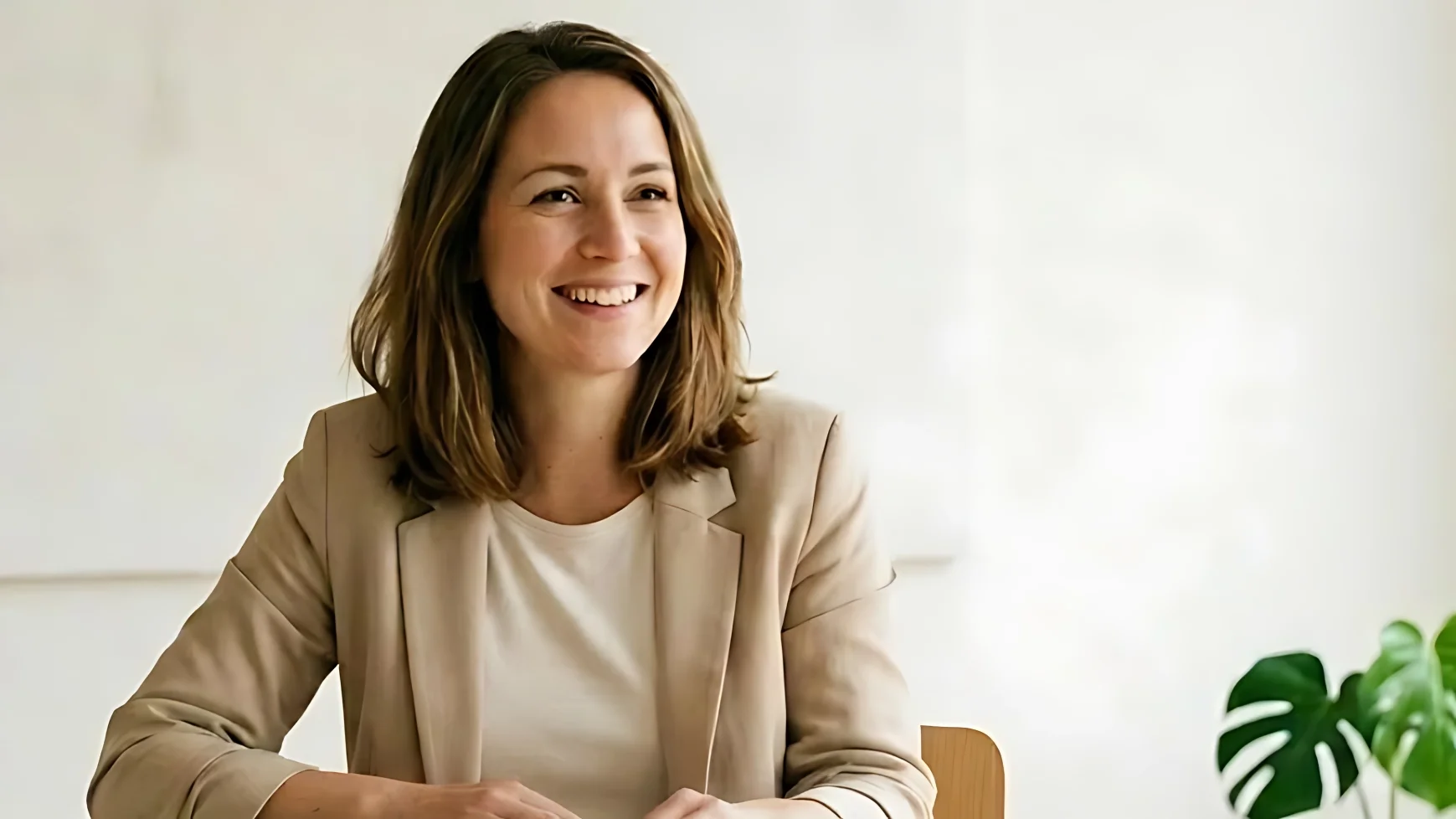 Eine Frau sitzt lächelnd in einer hellen Büroumgebung an einem Tisch. Das Bild wird auf der Seite Initiativbewerbung bei GARANT Immobilien verwendet und steht für berufliche Chancen, Eigeninitiative und den Einstieg in das Unternehmen.