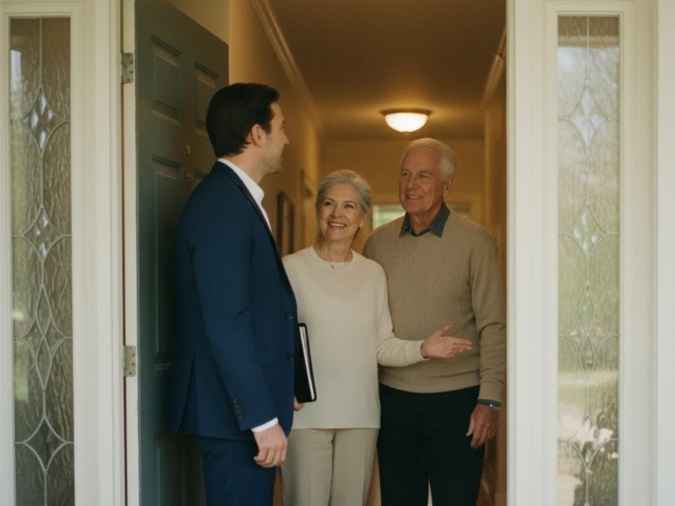Ein Berater steht an der Haustür und spricht mit einem älteren Paar. Das Bild zeigt den ersten Schritt der Immobilienverrentung mit GARANT Immobilien, bei dem die persönliche Situation zu Hause besprochen wird.