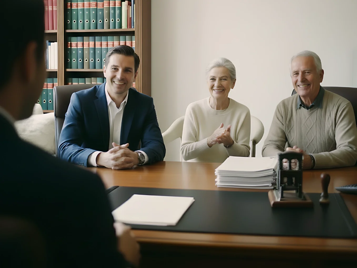 Ein älteres Paar sitzt gemeinsam mit einem Berater bei einem Vertragsgespräch. Das Bild zeigt den vierten Schritt der Immobilienverrentung mit GARANT Immobilien, bei dem der Vertrag notariell beurkundet und das Wohnrecht im Grundbuch eingetragen wird.