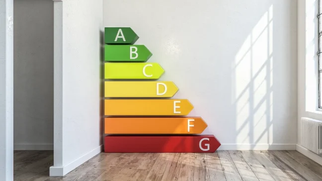 Grafische Darstellung der Energieeffizienzklassen A bis G in einem Wohnraum. Das Bild wird auf der Seite Energieausweis erstellen bei GARANT Immobilien verwendet und erklärt die neue Energieeffizienzskala für Energieausweise sowie die Einordnung von Gebäuden nach Energieeffizienz.