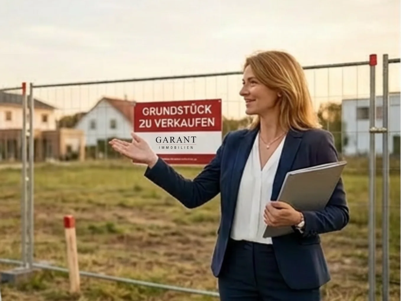 Eine Immobilienmaklerin steht vor einem Grundstück mit Verkaufsschild und hält Unterlagen in der Hand. Das Bild zeigt den dritten Schritt beim Grundstücksverkauf mit GARANT Immobilien, bei dem Interessenten durch Grundstück und Umgebung geführt sowie Verhandlungen begleitet werden.