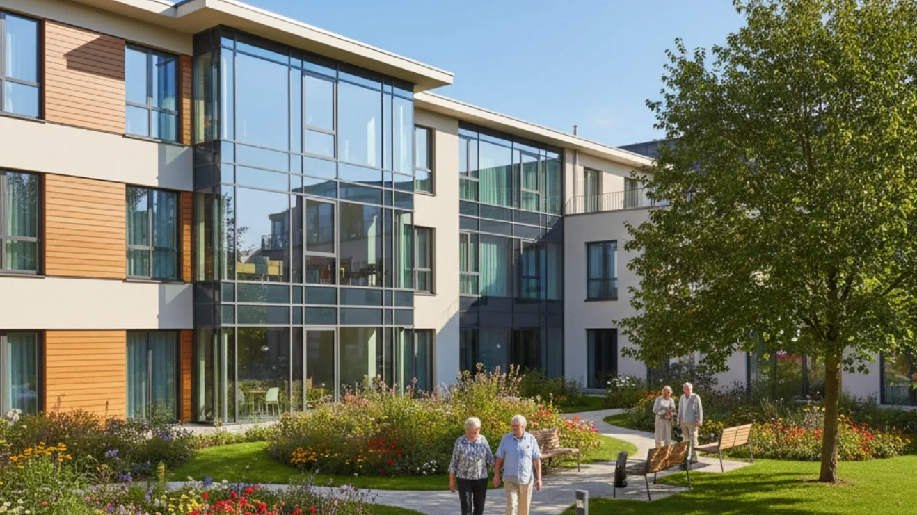 Modernes Pflegeimmobilien-Gebäude mit gepflegter Außenanlage und Sitzbereich. Das klickbare Bild führt von der Kapitalanlagen-Seite zur Unterseite Pflegeimmobilien und steht für Pflegeimmobilien als Kapitalanlage.
