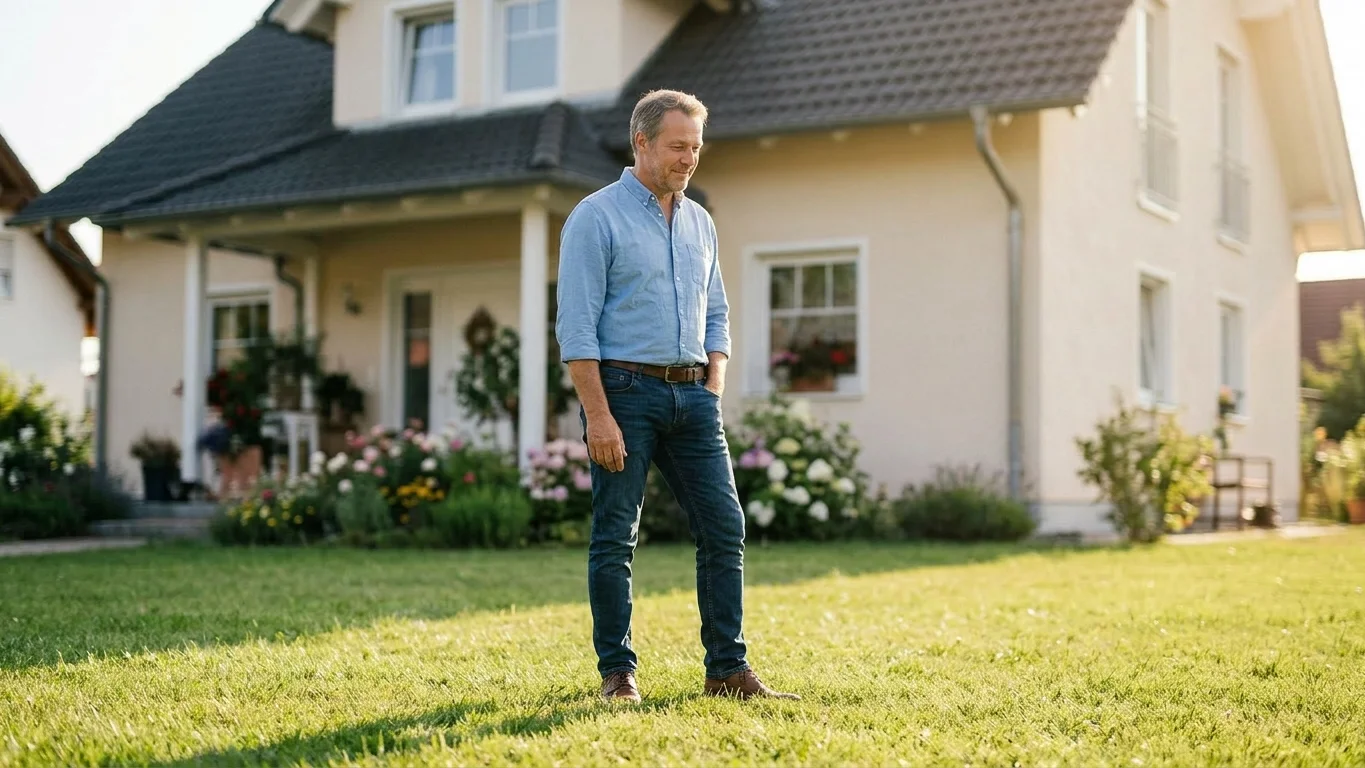Ein Mann steht im Garten vor einem gepflegten Einfamilienhaus. Das Bild wird auf der Seite Haus vermieten bei GARANT Immobilien verwendet und zeigt, für wen sich die Hausvermietung eignet: Eigentümer, die ihr Eigenheim langfristig erhalten, zuverlässig vermieten und passende Mieter finden möchten.