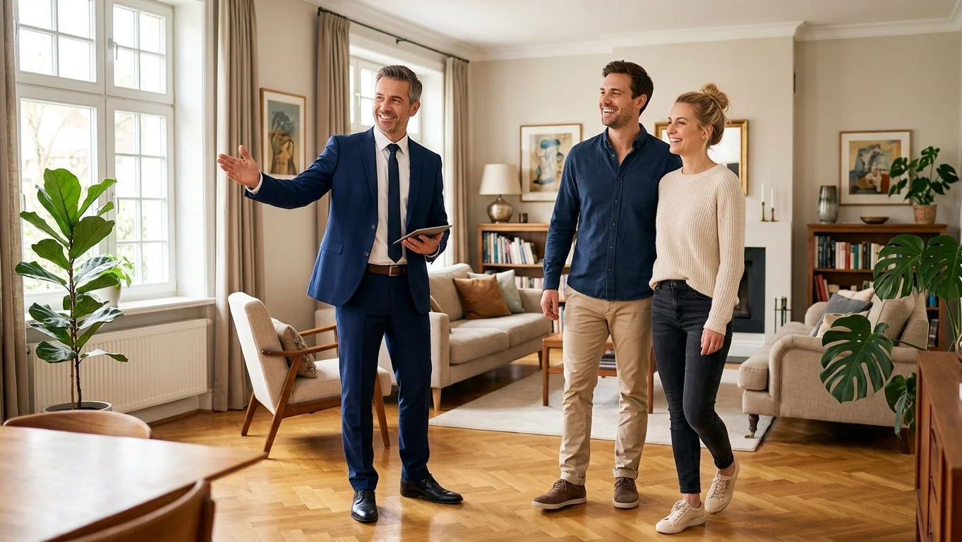 Erklärung des Hauses bei Besichtigung einen Paars mit einem Makler.