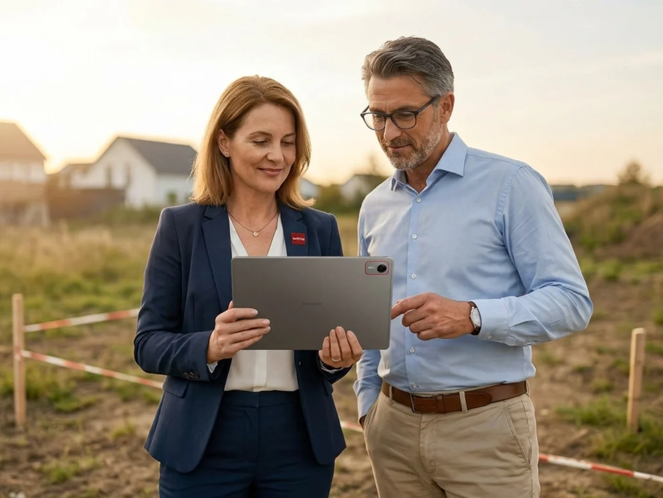 Eine Immobilienmaklerin steht mit einem Eigentümer auf einem Grundstück und schaut gemeinsam mit ihm auf ein Tablet. Das Bild zeigt den ersten Schritt beim Grundstücksverkauf mit GARANT Immobilien, bei dem Lage, Eigenschaften, Potenzial und Marktwert geprüft werden.