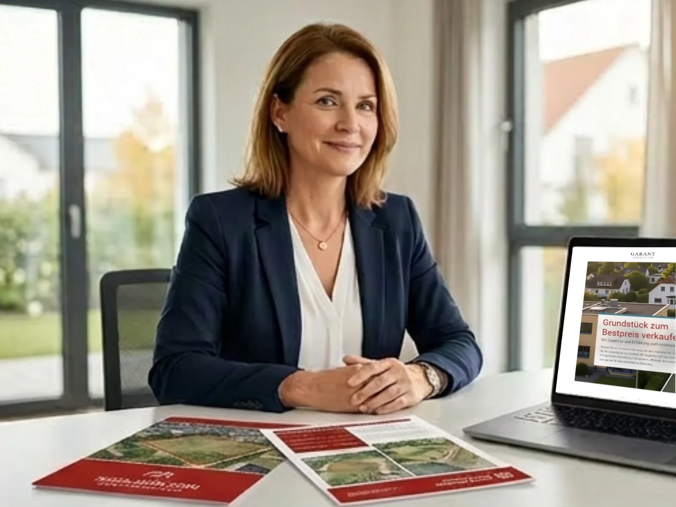 Eine Immobilienmaklerin sitzt an einem Schreibtisch mit Laptop, Exposé und gedruckten Vermarktungsunterlagen. Das Bild zeigt den zweiten Schritt beim Grundstücksverkauf mit GARANT Immobilien, bei dem professionelle Exposés, digitale Kanäle und Netzwerke für die Vermarktung genutzt werden.