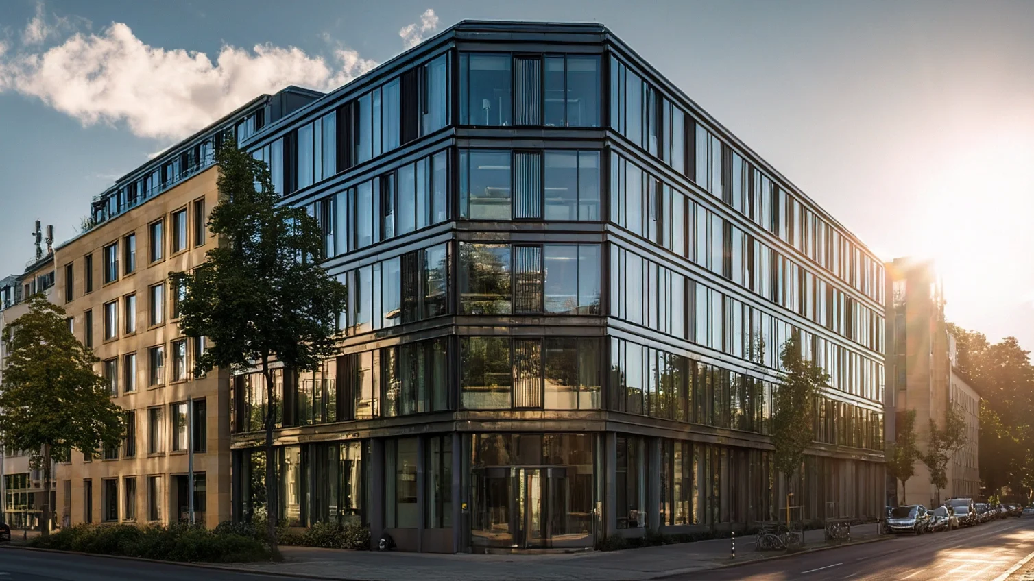 Außenansicht eines modernen Gewerbegebäudes mit großen Glasflächen und begrüntem Umfeld. Das Bild wird als Header der Seite Gewerbeimmobilien bei GARANT Immobilien verwendet und steht für die Vermittlung von Büroflächen, Einzelhandelsflächen und weiteren gewerblichen Immobilien.