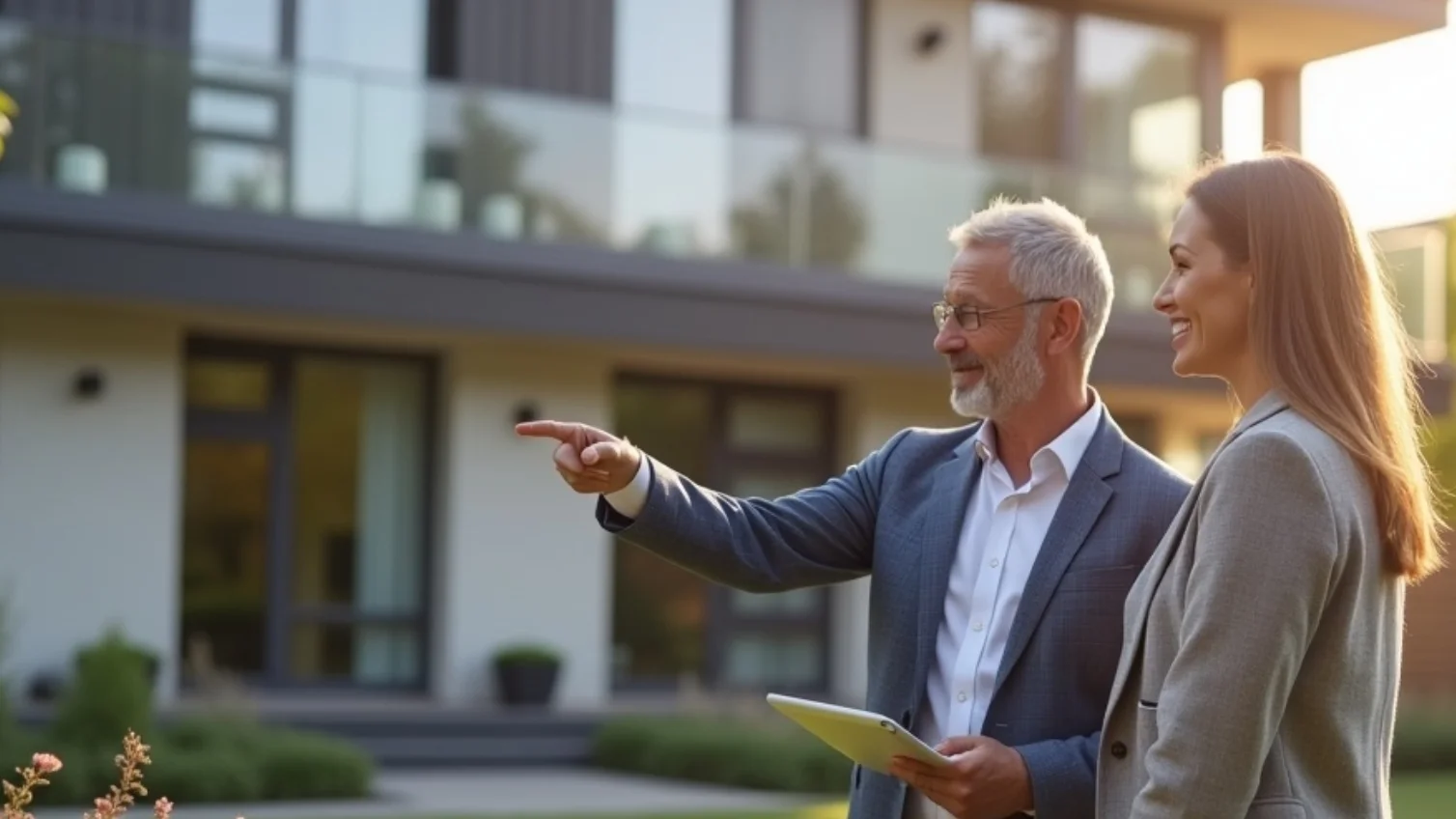 Ein Immobilienmakler steht gemeinsam mit einer Kundin vor einem Gebäude. Das Bild steht für die professionelle Immobilienbewertung mit GARANT Immobilien und zeigt eine persönliche Beratung direkt vor Ort.