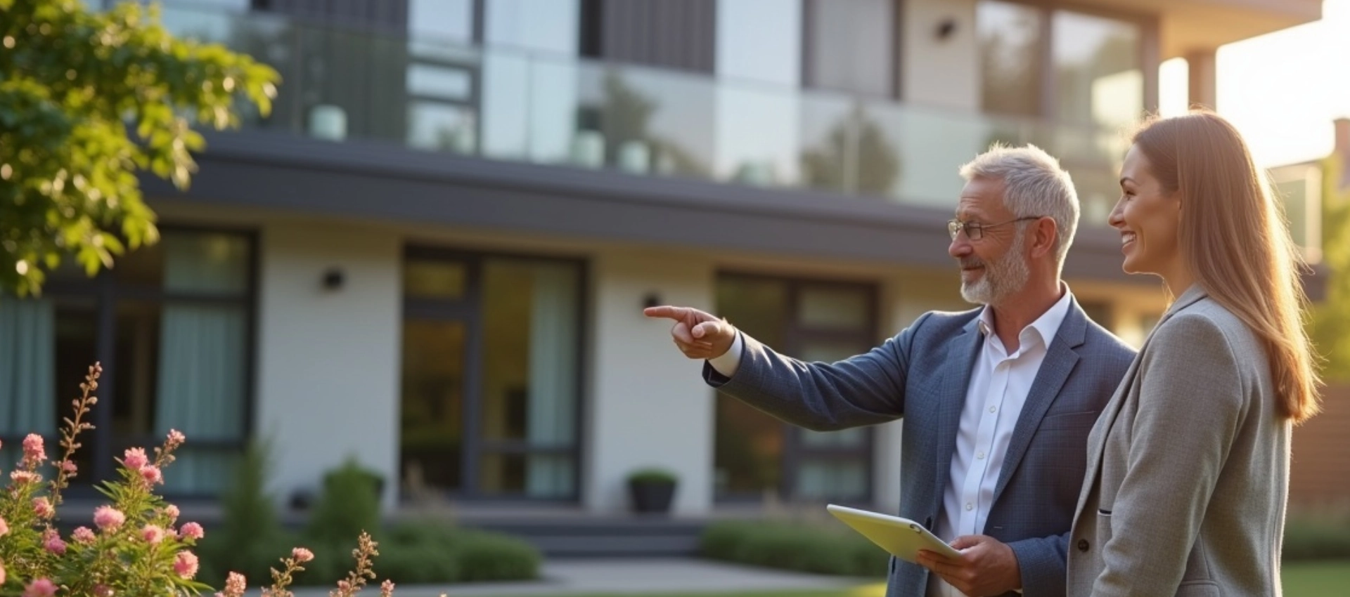 Ein Immobilienmakler steht gemeinsam mit einer Kundin vor einem Gebäude. Das Bild steht für die professionelle Immobilienbewertung mit GARANT Immobilien und zeigt eine persönliche Beratung direkt vor Ort.
