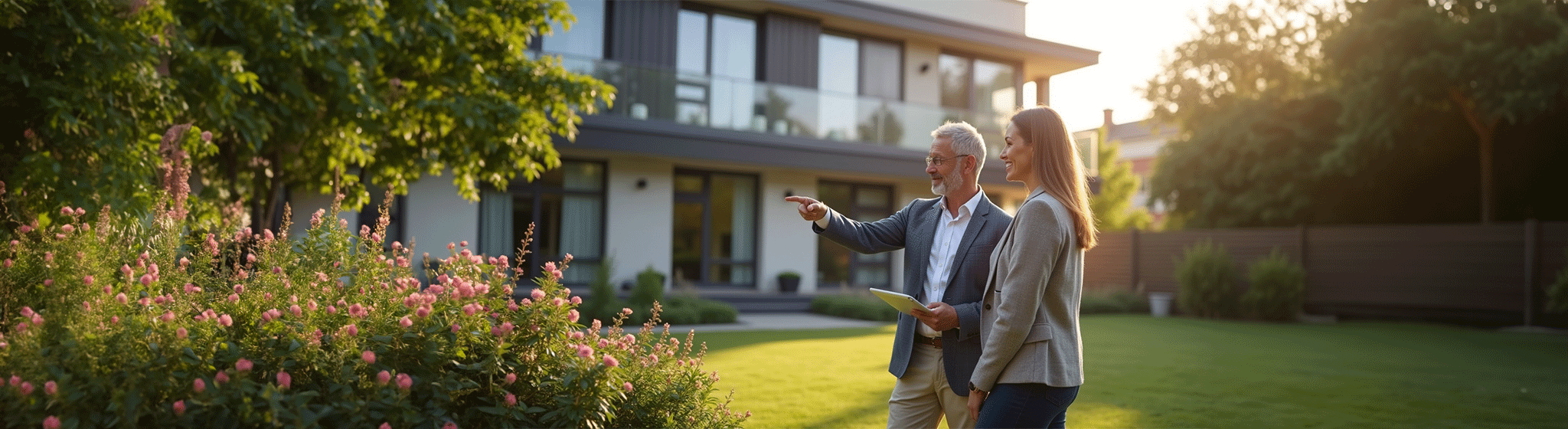 Ein Immobilienmakler steht gemeinsam mit einer Kundin vor einem Gebäude. Das Bild steht für die Online-Immobilienbewertung mit GARANT Immobilien und verbindet die digitale Wertermittlung mit persönlicher Beratung rund um den Immobilienverkauf.