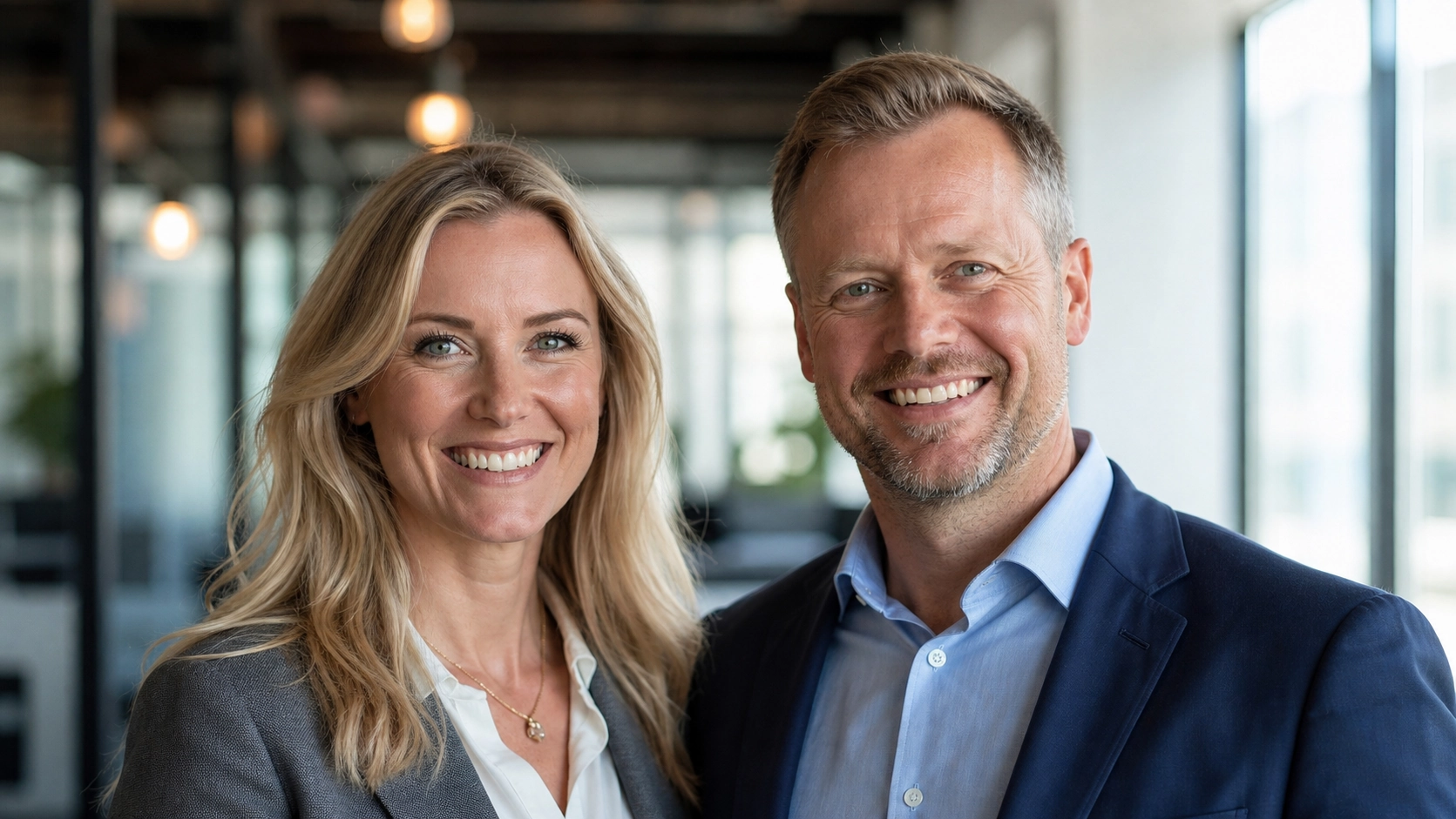 Zwei Personen stehen lächelnd in einer modernen Büroumgebung. Das Bild wird als Header der Karriere-Seite von GARANT Immobilien verwendet und steht für berufliche Perspektiven, Teamarbeit und den Einstieg als Immobilienmakler.