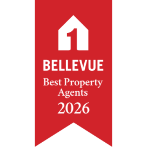 Rote Auszeichnung „Bellevue Best Property Agent 2026“ für GARANT Immobilien. Das Siegel steht für geprüfte Qualität, Fachkompetenz und Seriosität in der Immobilienvermittlung.