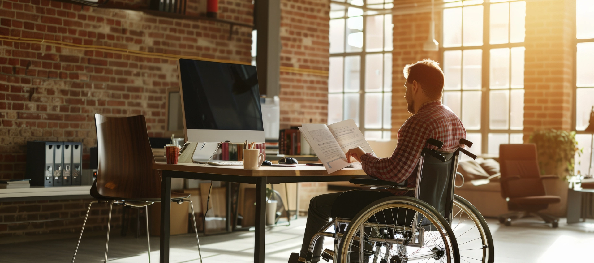 Eine Person im Rollstuhl sitzt in einem hellen Wohnraum an einem Tisch. Das Bild wird als Header der Seite Barrierefrei wohnen bei GARANT Immobilien verwendet und steht für barrierearmes Wohnen, selbstbestimmtes Leben und passende Wohnlösungen.