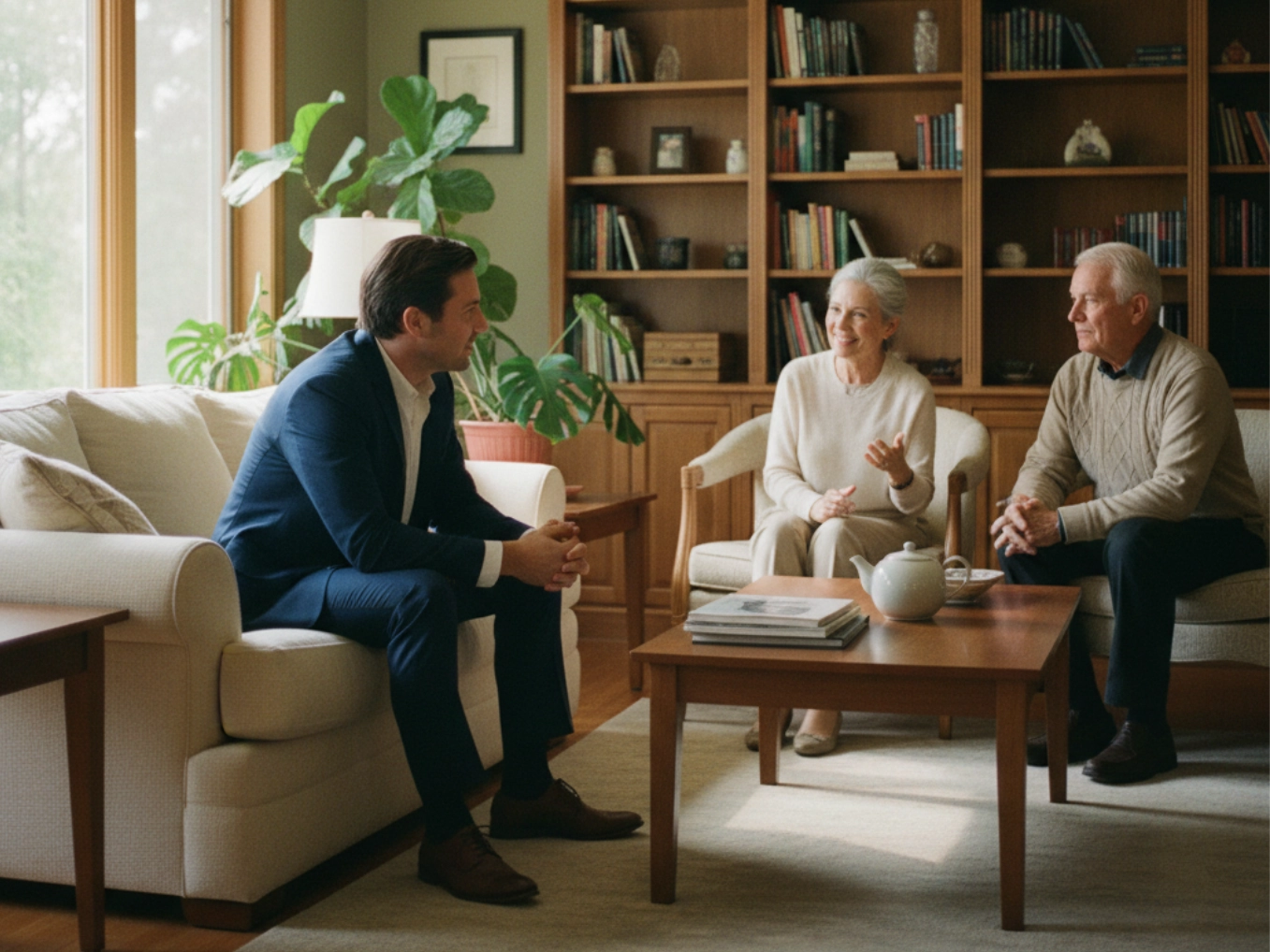 Ein Berater sitzt mit einem älteren Paar in einem Wohnraum und bespricht die Möglichkeiten der Immobilienrente. Das Bild zeigt den zweiten Schritt der Immobilienverrentung mit GARANT Immobilien, bei dem ein erstes unverbindliches Angebot erstellt wird.