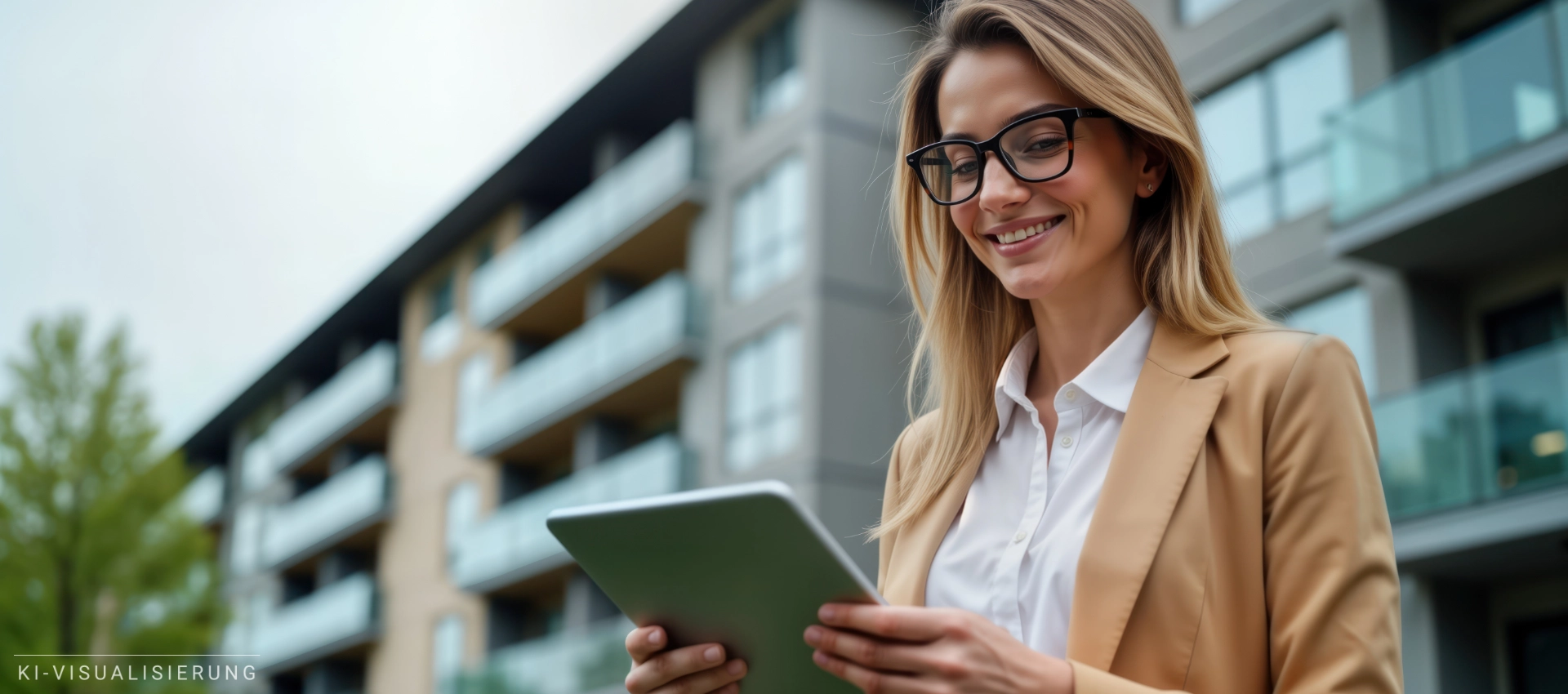 Frau mit Tablet vor einem modernen Wohngebäude