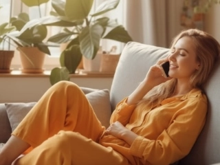 Eine Frau sitzt auf einem Sofa und telefoniert. Das Bild zeigt den zweiten Schritt des Tippgeberprozesses bei GARANT Immobilien, bei dem sich ein Ansprechpartner persönlich meldet und den Tipp weiter bespricht.