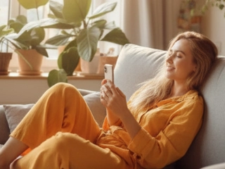 Eine Frau sitzt entspannt auf einem Sofa und nutzt ihr Smartphone. Das Bild zeigt den ersten Schritt des Tippgeberprozesses bei GARANT Immobilien, bei dem Interessierte zunächst ihre eigenen Kontaktdaten einreichen.