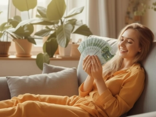 Eine Frau sitzt lächelnd auf einem Sofa und hält Geldscheine in den Händen. Das Bild zeigt den vierten Schritt des Tippgeberprozesses bei GARANT Immobilien, bei dem die Belohnung nach erfolgreicher Vermittlung ausgezahlt wird.