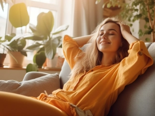 Eine Frau lehnt sich entspannt auf einem Sofa zurück. Das Bild zeigt den dritten Schritt des Tippgeberprozesses bei GARANT Immobilien, bei dem die Experten den Verkauf oder die Vermietung der empfohlenen Immobilie übernehmen.