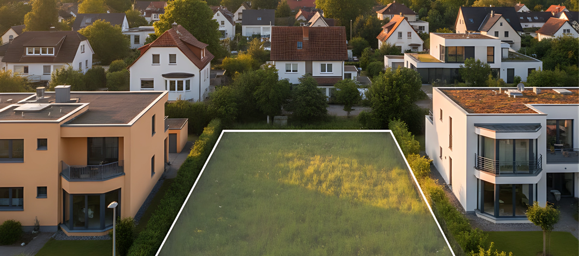 Luftaufnahme eines Wohngebiets mit Häusern, Gärten und einem markierten Grundstück. Das Bild wird als Header der Seite Grundstück verkaufen bei GARANT Immobilien verwendet und steht für die professionelle Bewertung, Vermarktung und den erfolgreichen Verkauf von Grundstücken.